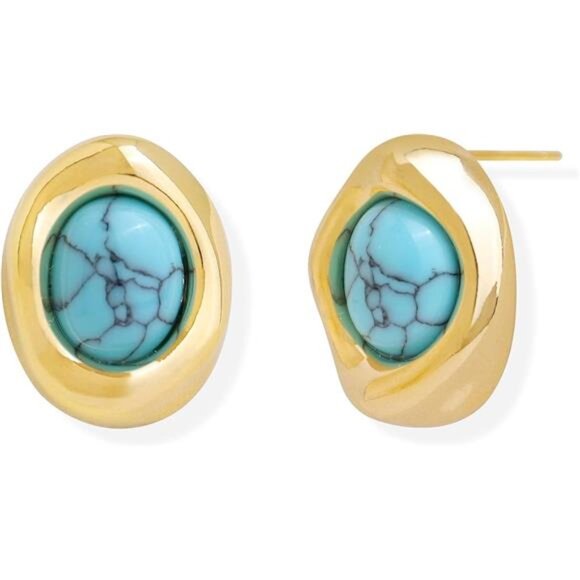 โจ Vintage Turquoise Stud Earrings | 14K Gold Plated Retro Bazel Design โจ - Picture 5 of 5